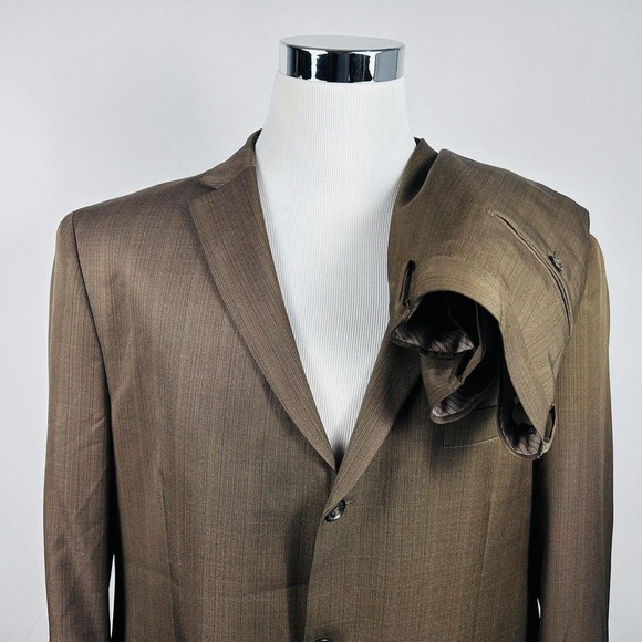 Lineage 50L Suit 42x32 Pleated Brown Striped Three Button Double Vented Poly - Picture 1 of 12